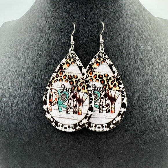 3/$30 Just Pray Earrings Vinyl Animal Print Leopard Western Boho Faith 2.5" - Picture 4 of 7